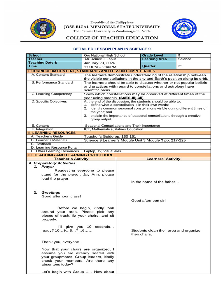 Detailed Lesson Plan in Science 9 | PDF | Constellation | Science