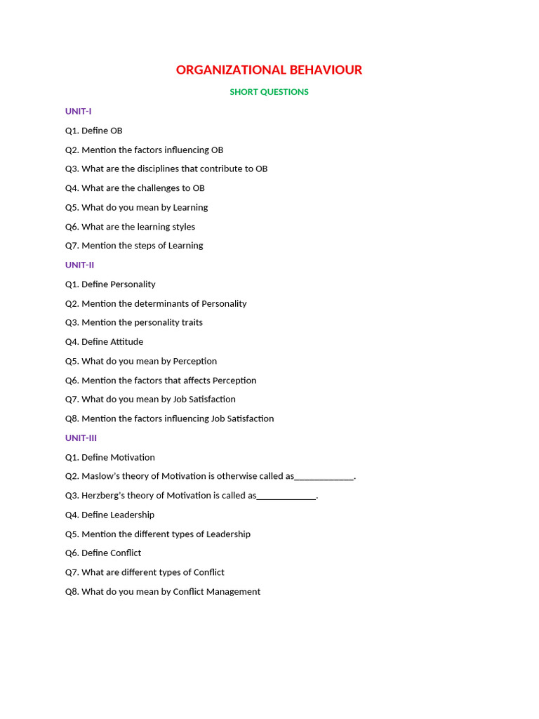 Organizational Behaviour Short Questions Guide | PDF