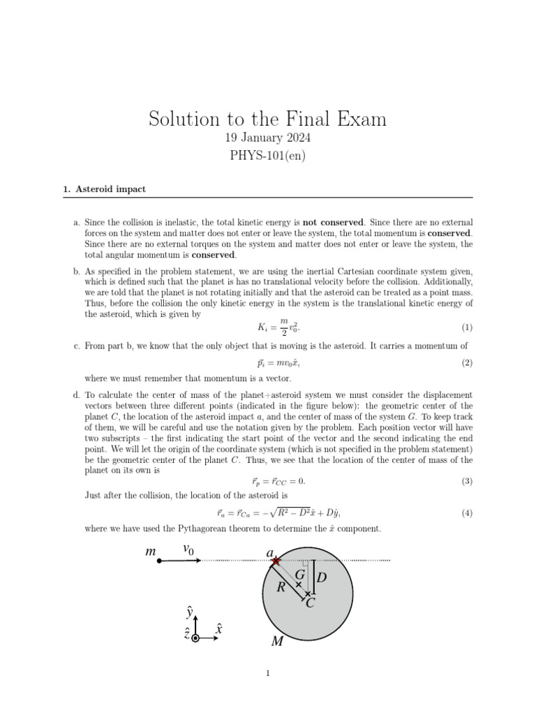 PHYS-101 Final Exam Solution Guide | PDF | Momentum | Angular Momentum