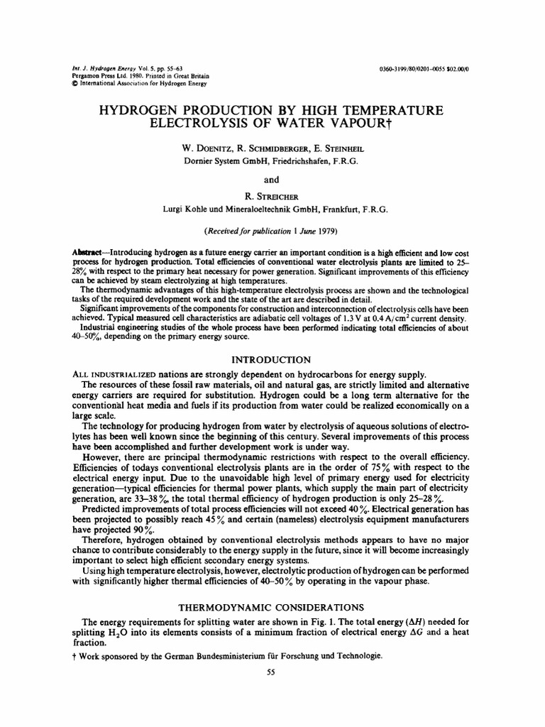 High-Temperature Water Electrolysis for Hydrogen Production | PDF ...