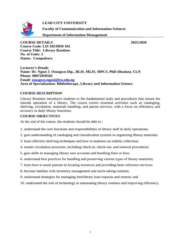 Courseware LIS 102 IRM 102 Library Routines NEW | PDF | Libraries