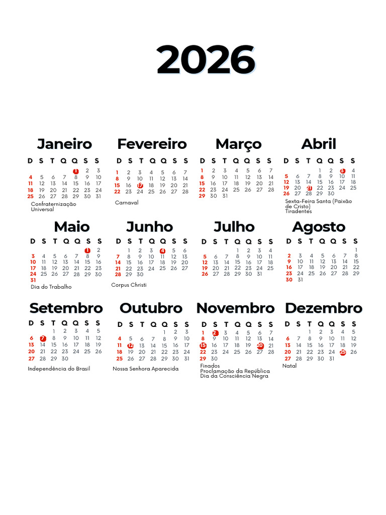 Datas Comemorativas e Feriados 2026 | PDF