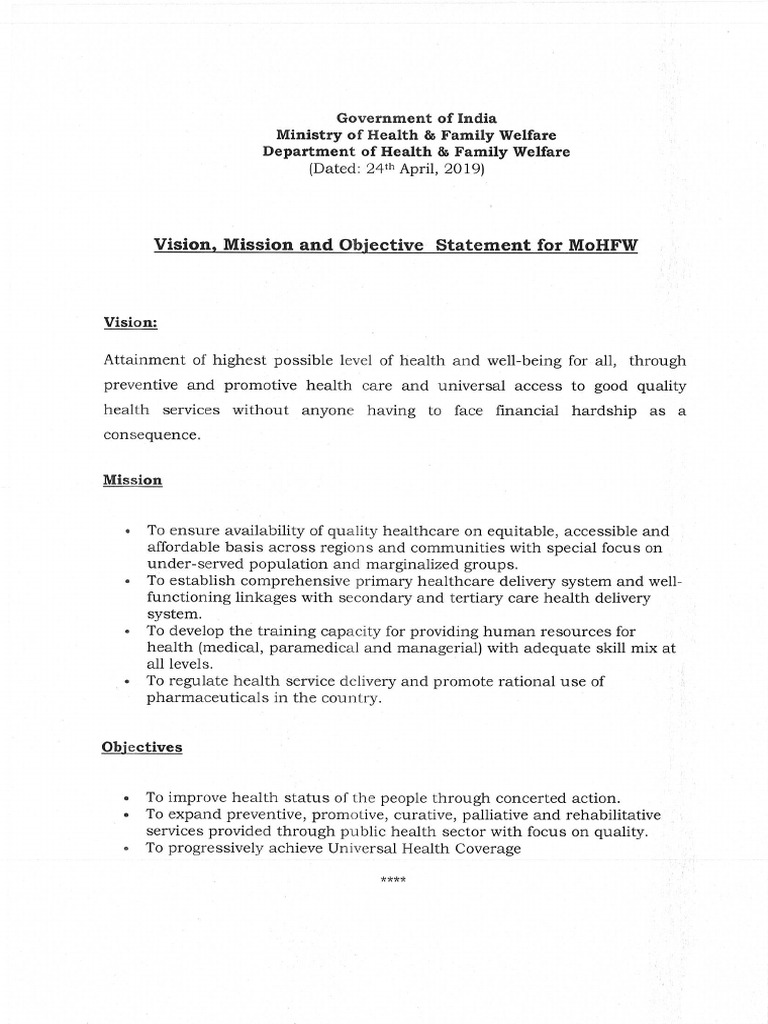 Vision, Mission and Objective Statement for MoHFW 24092019 | PDF