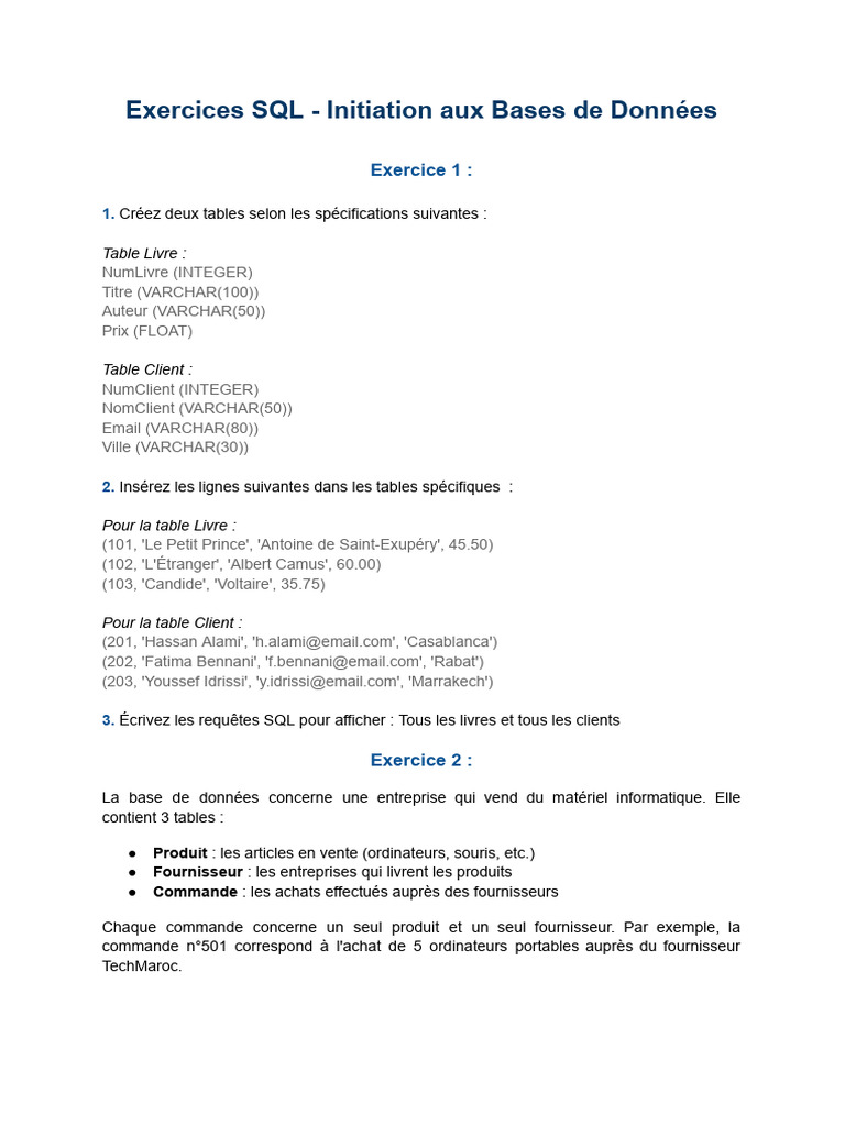 Exercices SQL pour Bases de Données | PDF | Informatique