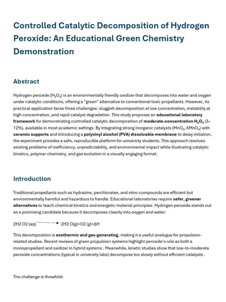 Green Chemistry: Catalytic H₂O₂ Decomposition | PDF | Hydrogen Peroxide ...