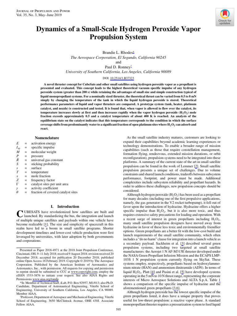 Hydrogen Peroxide Vapor Thruster Dynamics | PDF | Spacecraft Propulsion ...