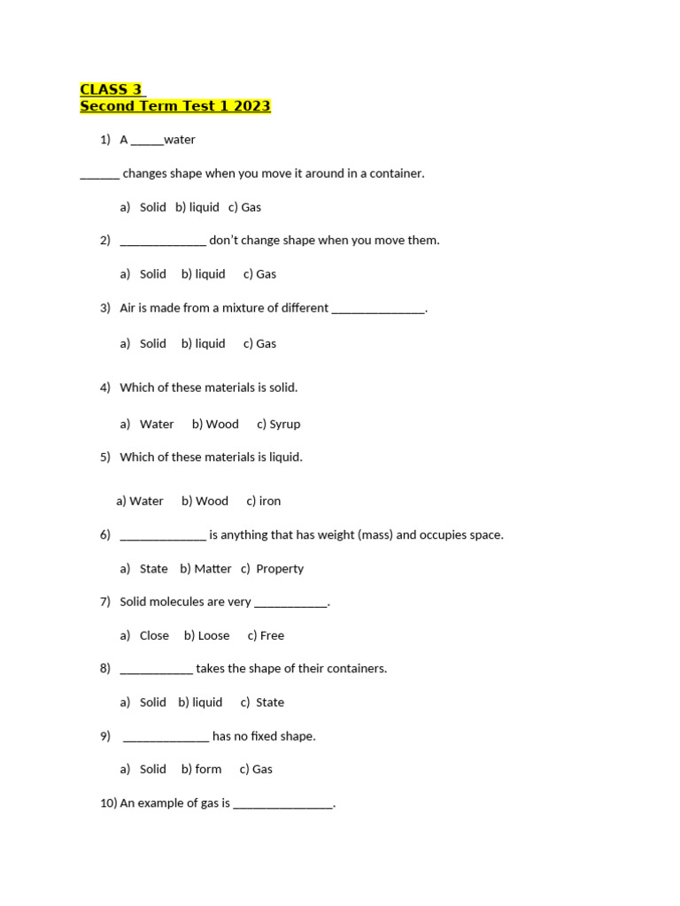 CLASS 3 Test 1 | PDF