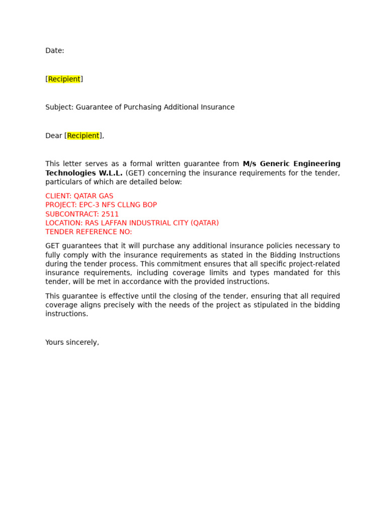 Insurance Guarantee for Qatar Gas Tender | PDF