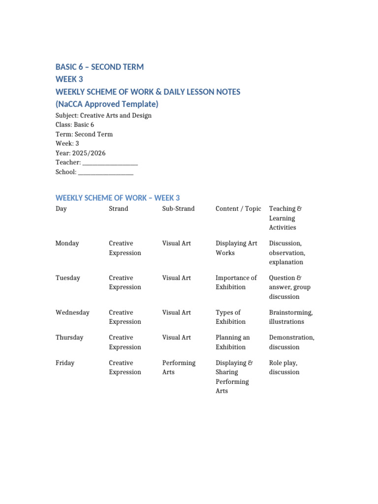 Basic 6 Creative Arts Week 3 Plan | PDF | Curriculum | Teachers