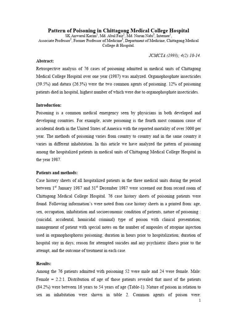 Poisoning Cases at Chittagong Medical College | PDF | Medical School ...