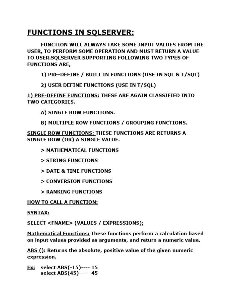SQL Server Functions Overview | PDF | Trigonometric Functions ...