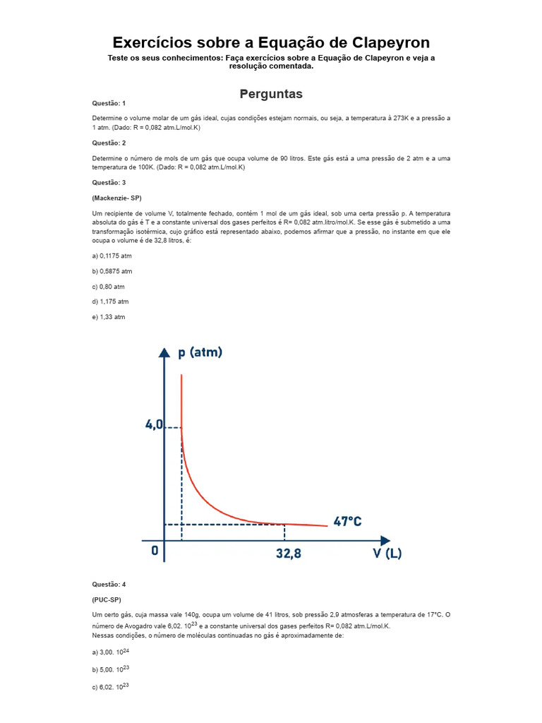 Exercícios Práticos: Equação de Clapeyron | PDF | Mol (unidade) | Gases