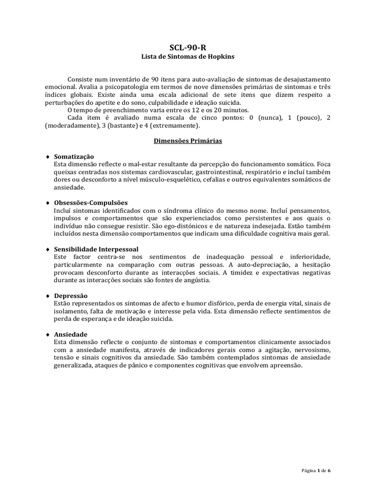 SCL-90-R: Avaliação de Sintomas Emocionais | PDF | Ansiedade | Pensamento