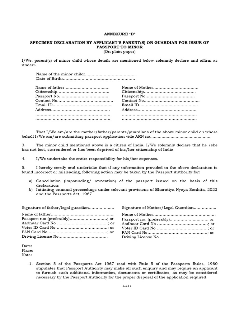 Passport Declaration for Minor Child | PDF | Identity Document ...