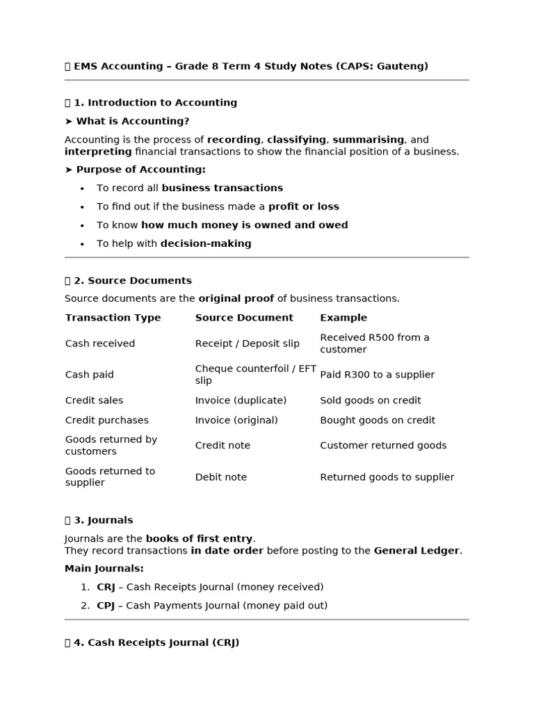 Grade 8 EMS Accounting Study Notes | PDF | Debits And Credits ...