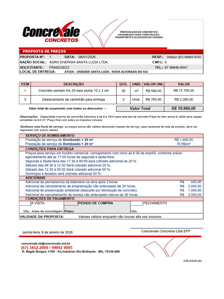 Proposta de Preços para Concreto Usinado | PDF