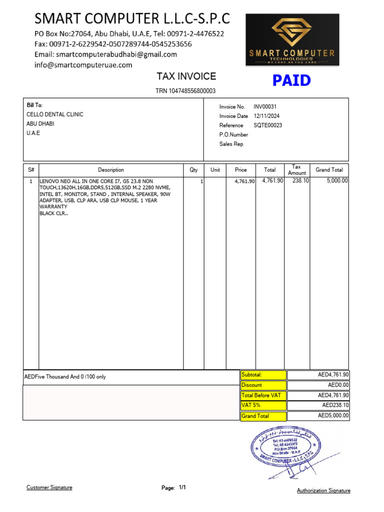 Tax Invoice for Lenovo All-in-One PC | PDF