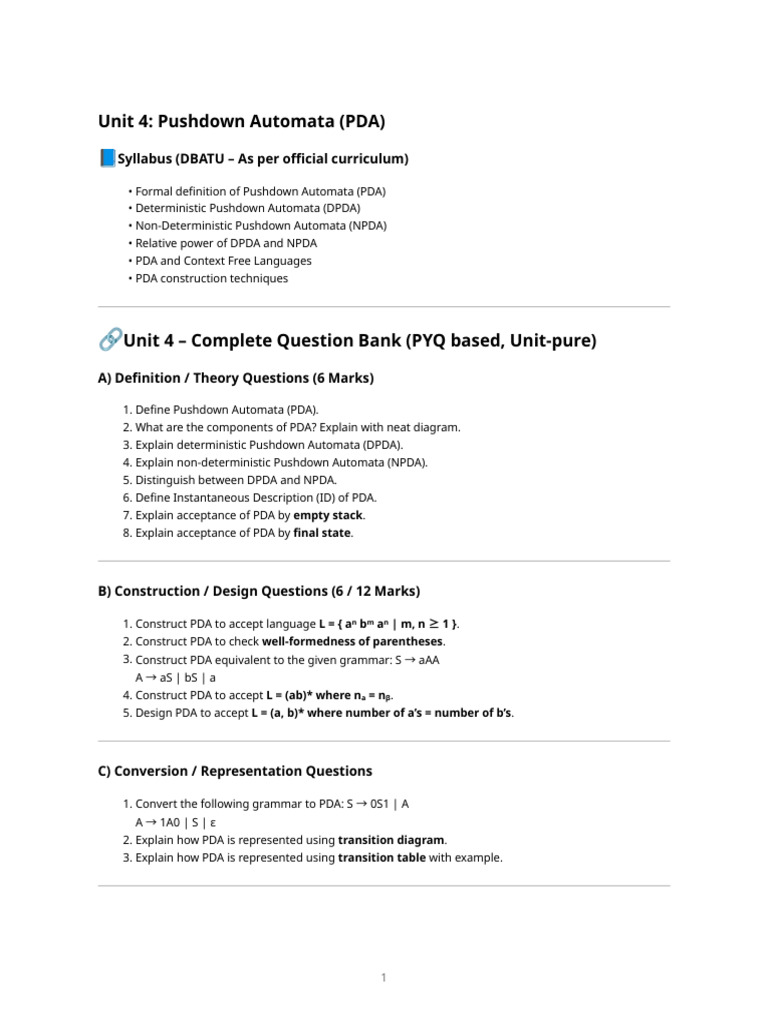 Btcoc502 Unit 4 – Pushdown Automata (complete Exam‑ready Notes) | PDF ...