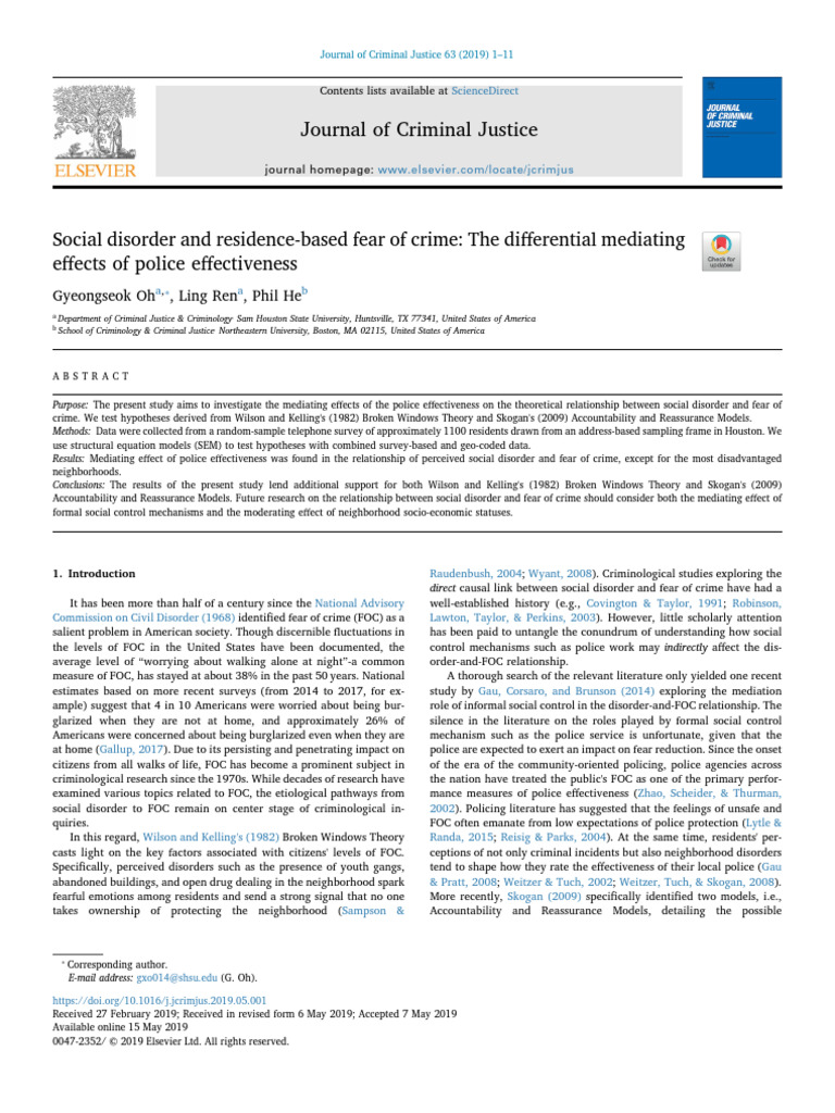 Social Disorder and Fear of Crime Mediated by Police | PDF