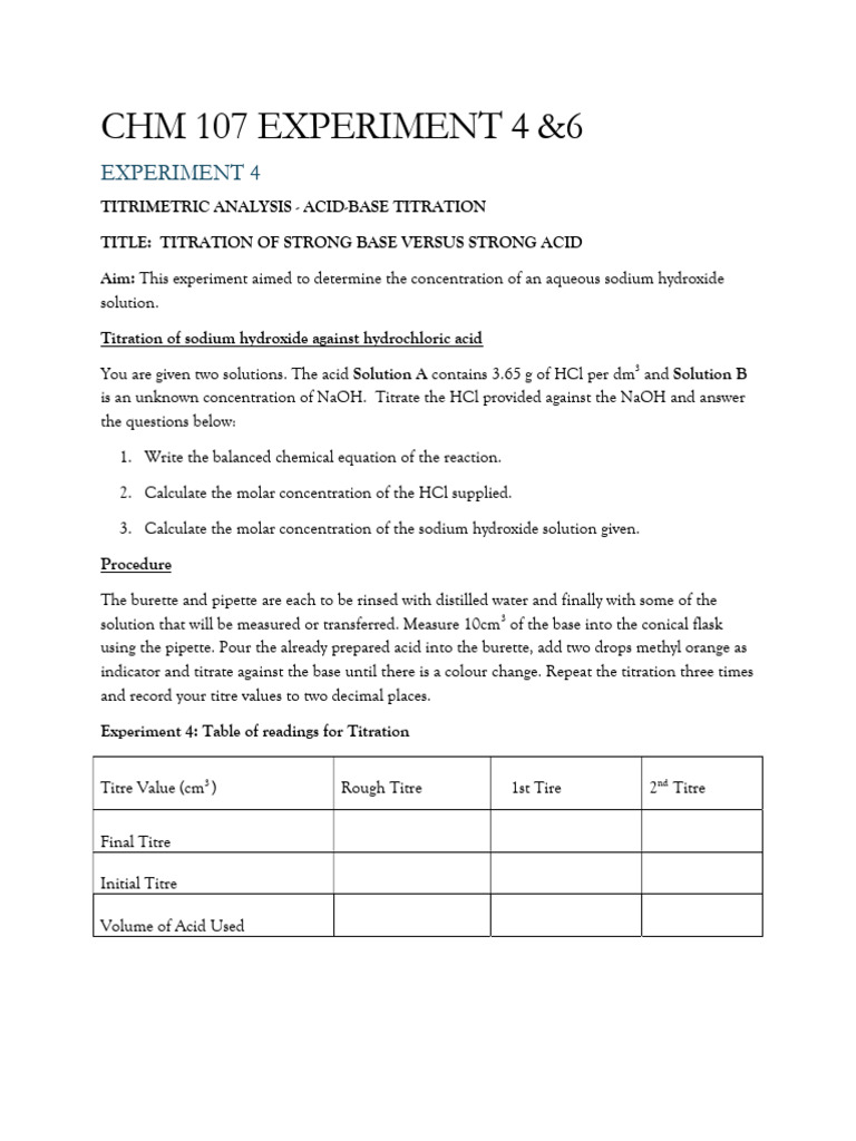 Experiment 4 & 6 - Jan 14 | PDF | Titration | Chemistry