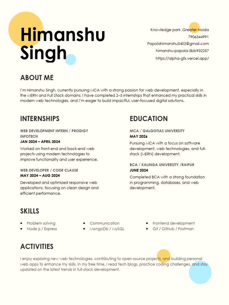 Himanshu Singh: Aspiring Full Stack Developer | PDF