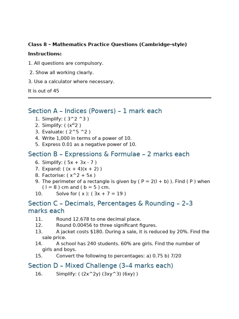 Class 8 Math Practice Questions | PDF
