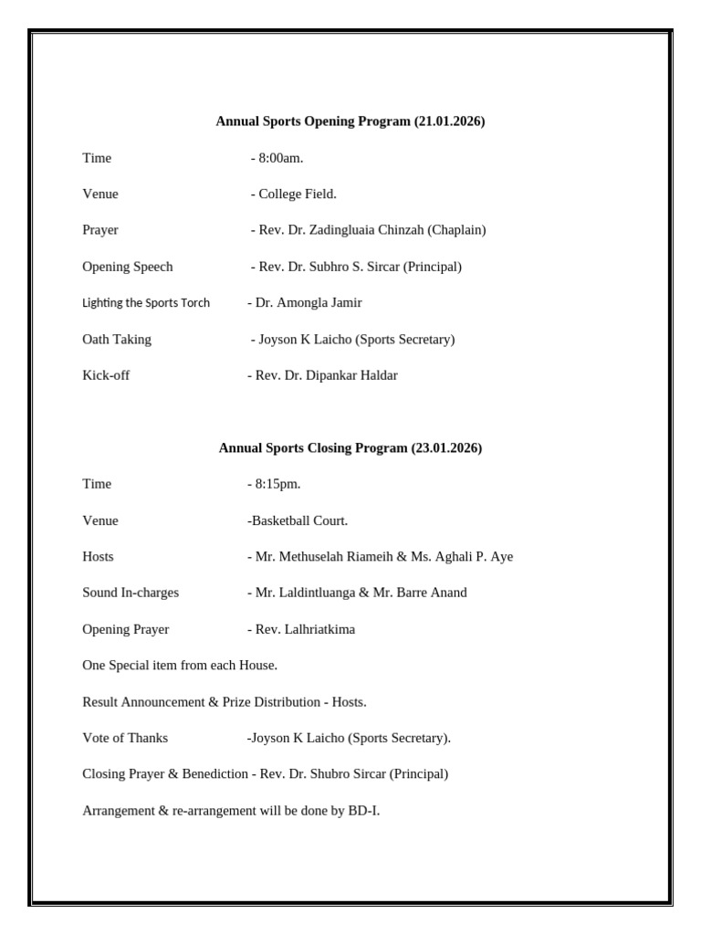 Annual Sports Program Schedule 2026 | PDF
