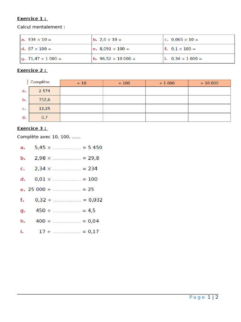 Exercices de calcul mental et complétion | PDF