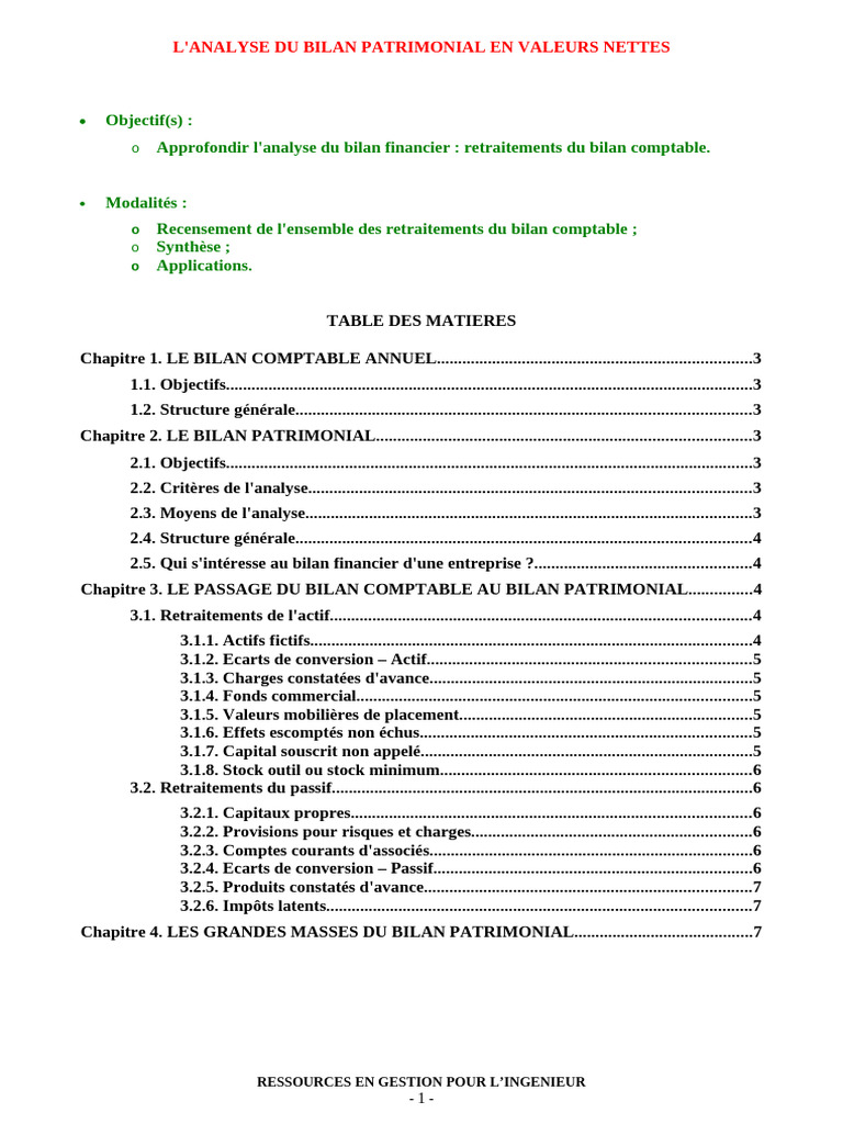 Analyse du Bilan Patrimonial en Valeurs Nettes | PDF | Capitaux propres ...