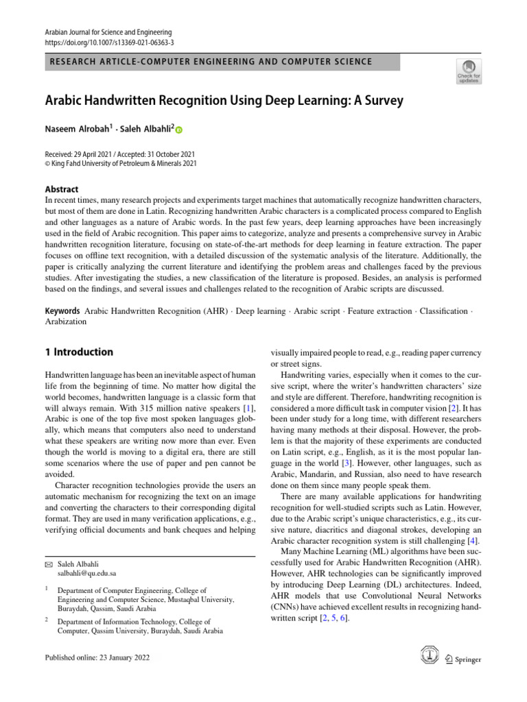 Arabic Handwritten Recognition Survey | PDF | Arabic | Grammatical Gender