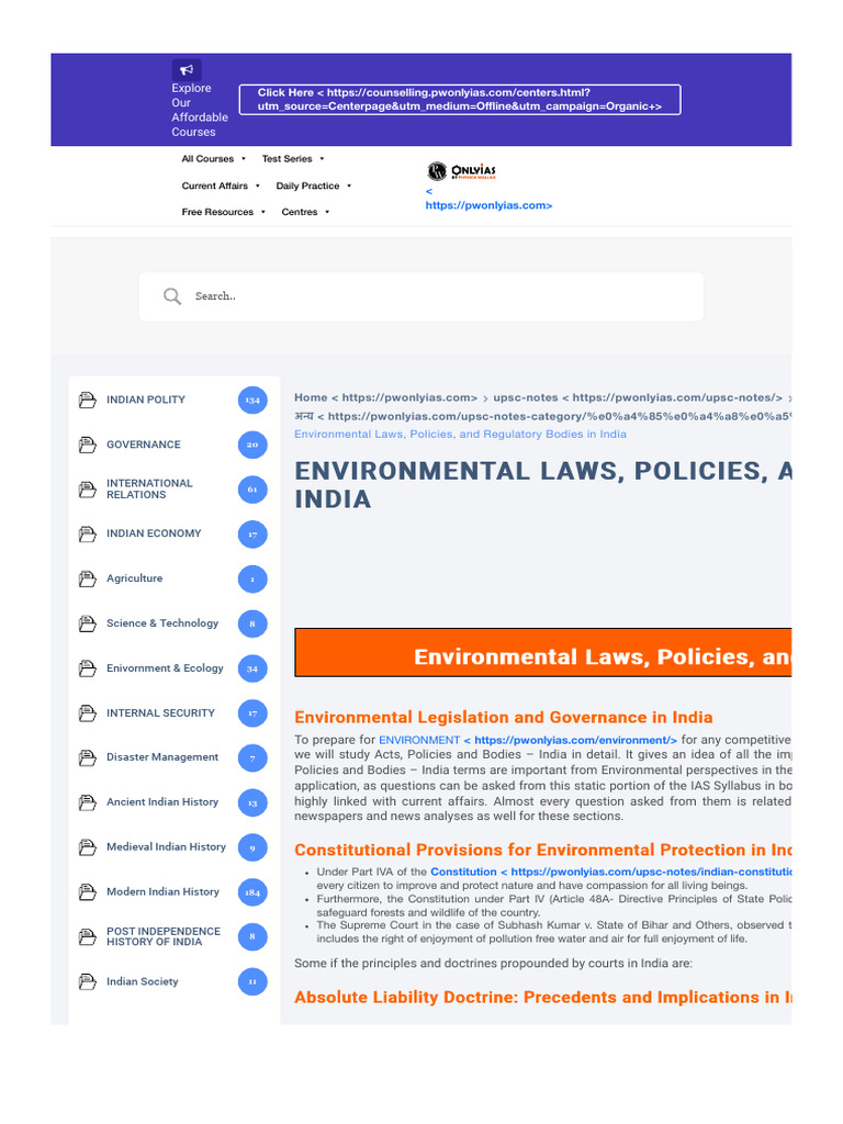 Environmental Laws and Policies in India | PDF | Natural Environment