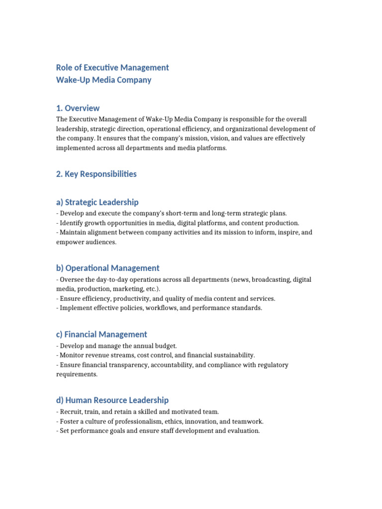 Executive Management Role at Wake-Up Media | PDF | Governance ...
