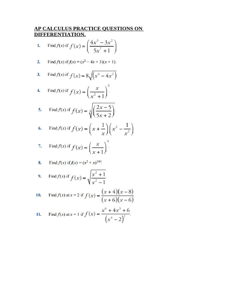 AP Calculus Practice Questions On Differentiation | PDF
