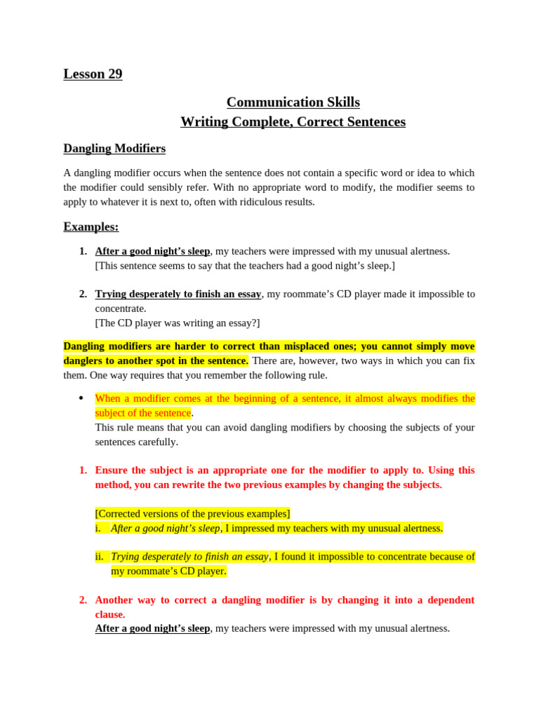 Fixing Dangling Modifiers in Writing | PDF | Subject (Grammar ...
