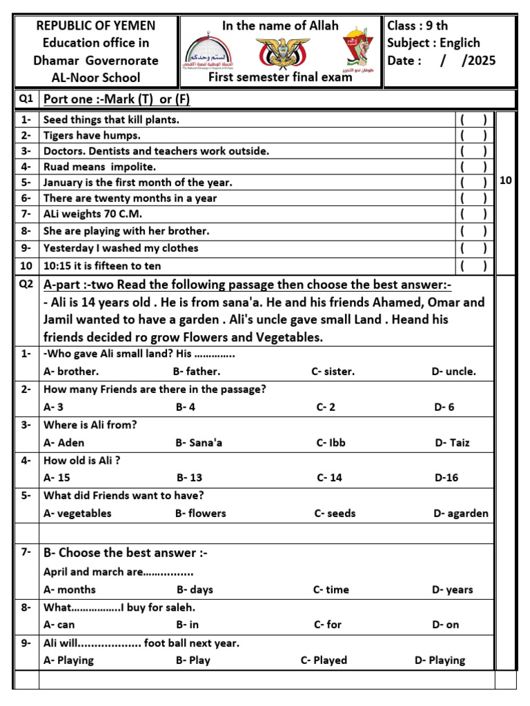 9th Grade English Final Exam 2025 | PDF | Morphology | Languages