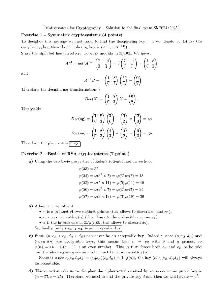 Cryptography Exam Solutions S5 2024/2025 | PDF | Mathematical Concepts ...