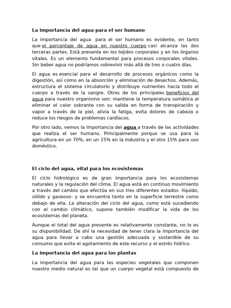 La importancia del agua para el ser humano | PDF | Agua | Cambio climático