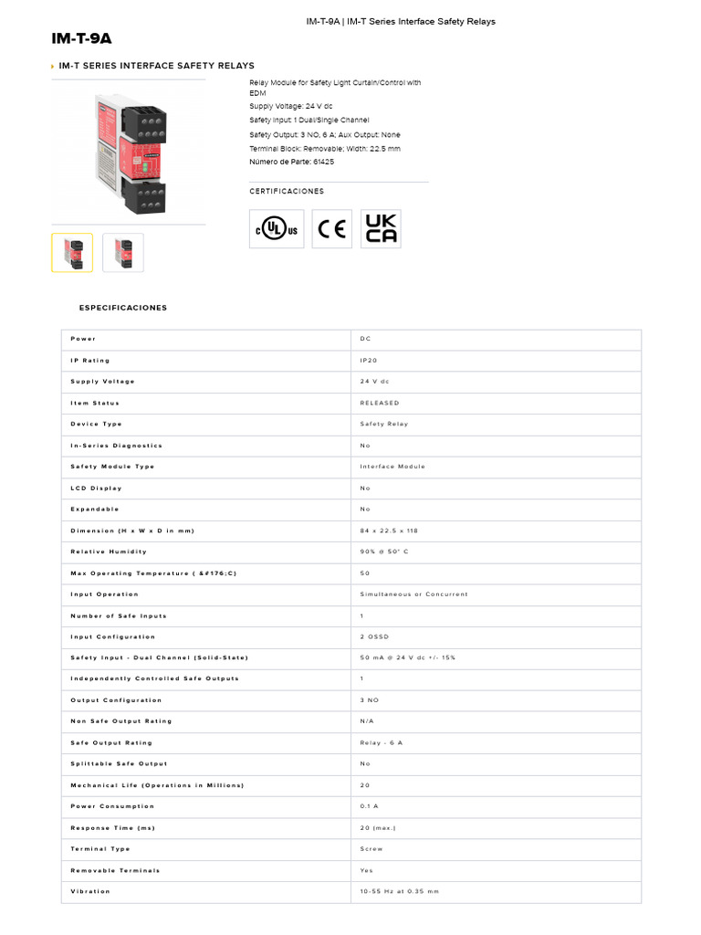 IM-T-9A Safety Relay Specifications | PDF | Relay | Alternating Current