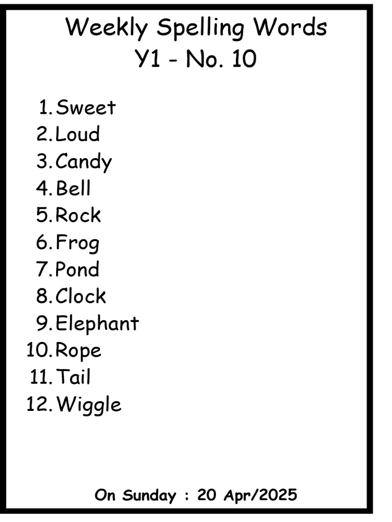 Weekly Spelling Words- Y1- No.10 | PDF