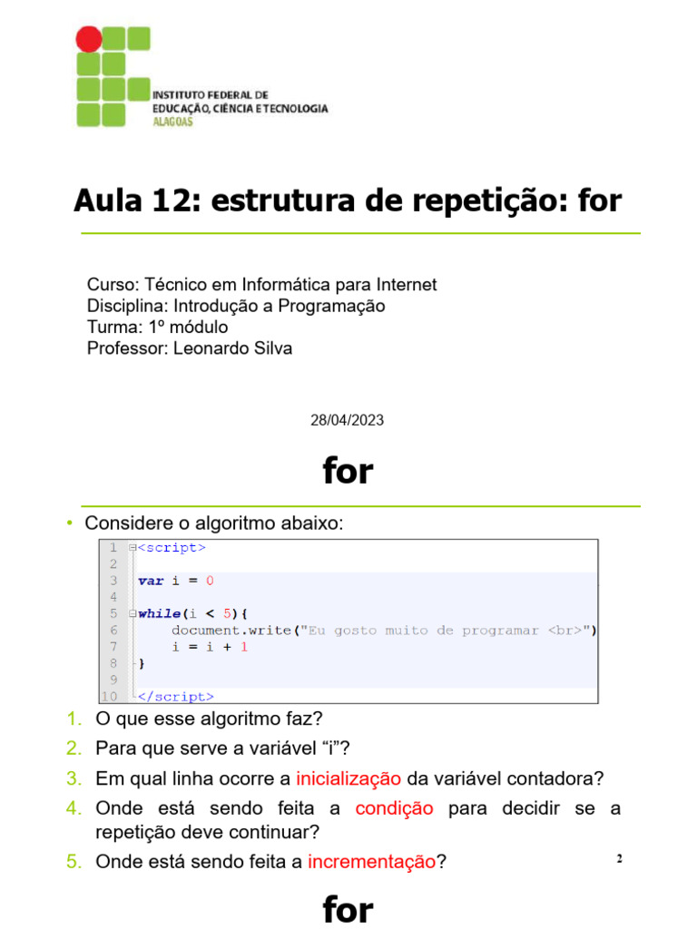 Estrutura de Repetição: Comando For | PDF | Algoritmos | Ciência da ...