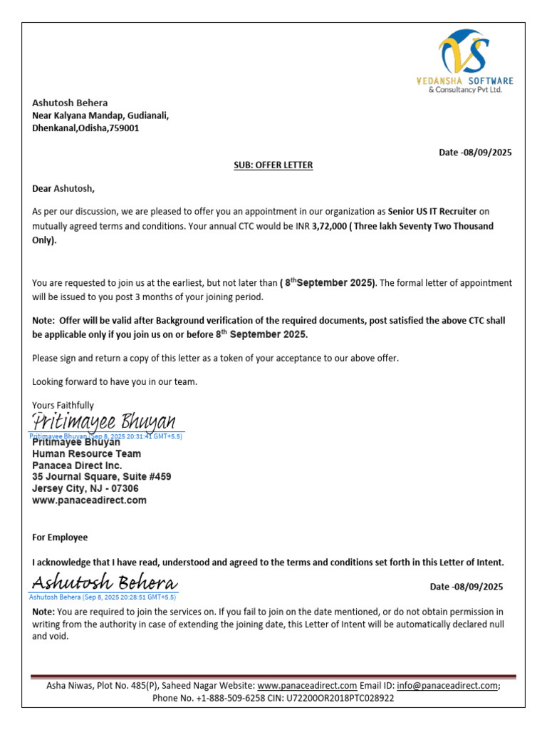 Senior IT Recruiter Offer Letter | PDF