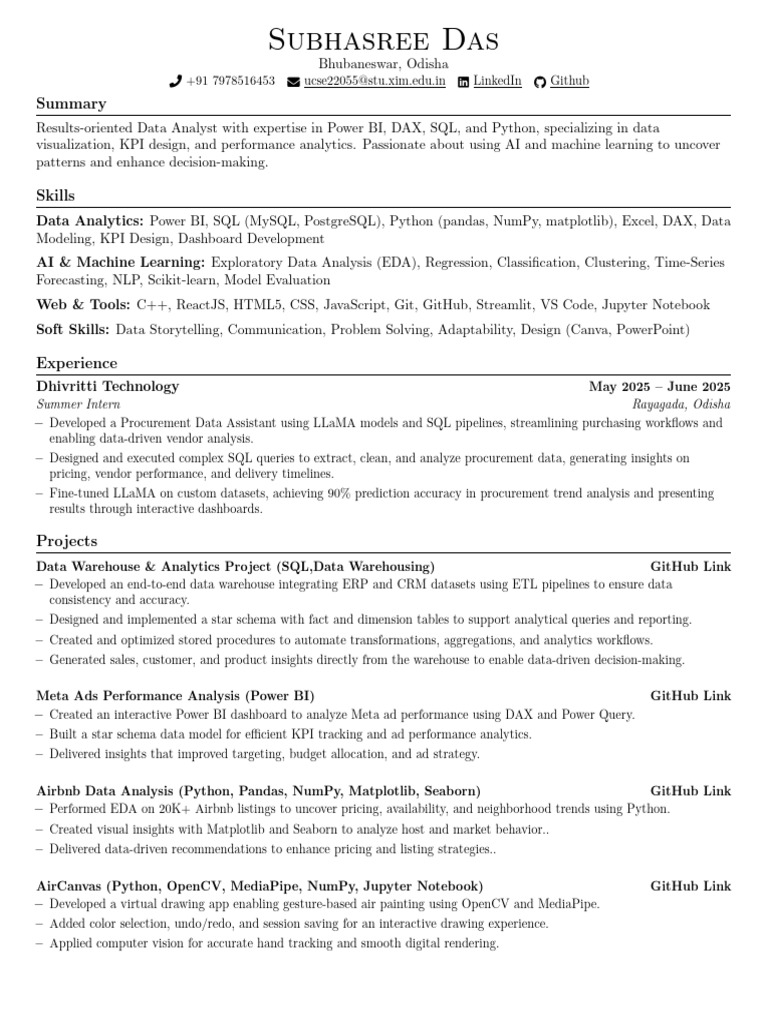Subhasreee Das Resume | PDF | Data Warehouse | Data Analysis