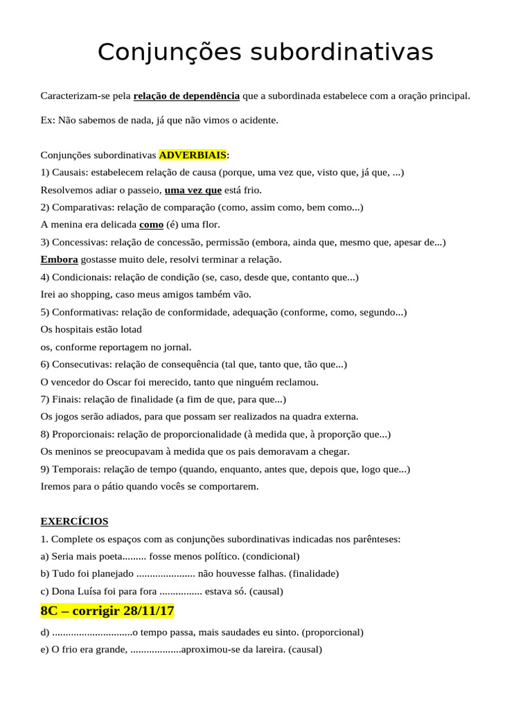 Conjunções Subordinativas: Tipos e Exemplos | PDF