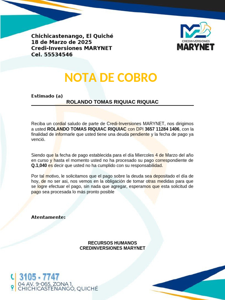 Nota de Cobro a Rolando Riquiac | PDF