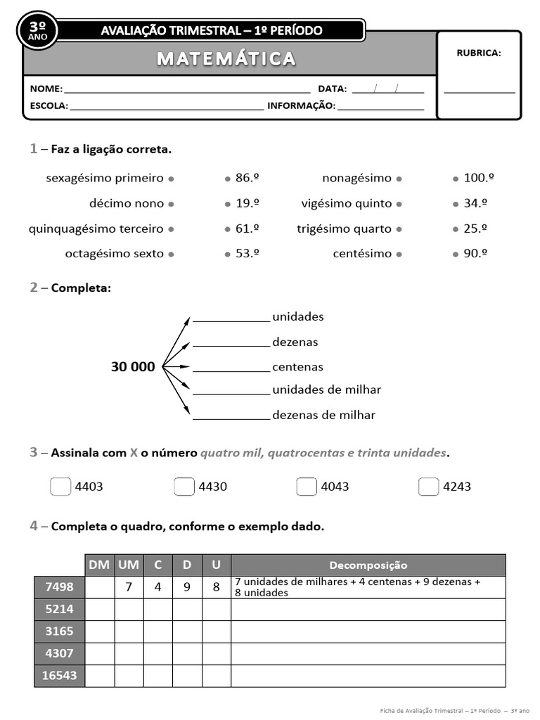Ficha de Avaliação 3º Ano - 1º Período | PDF