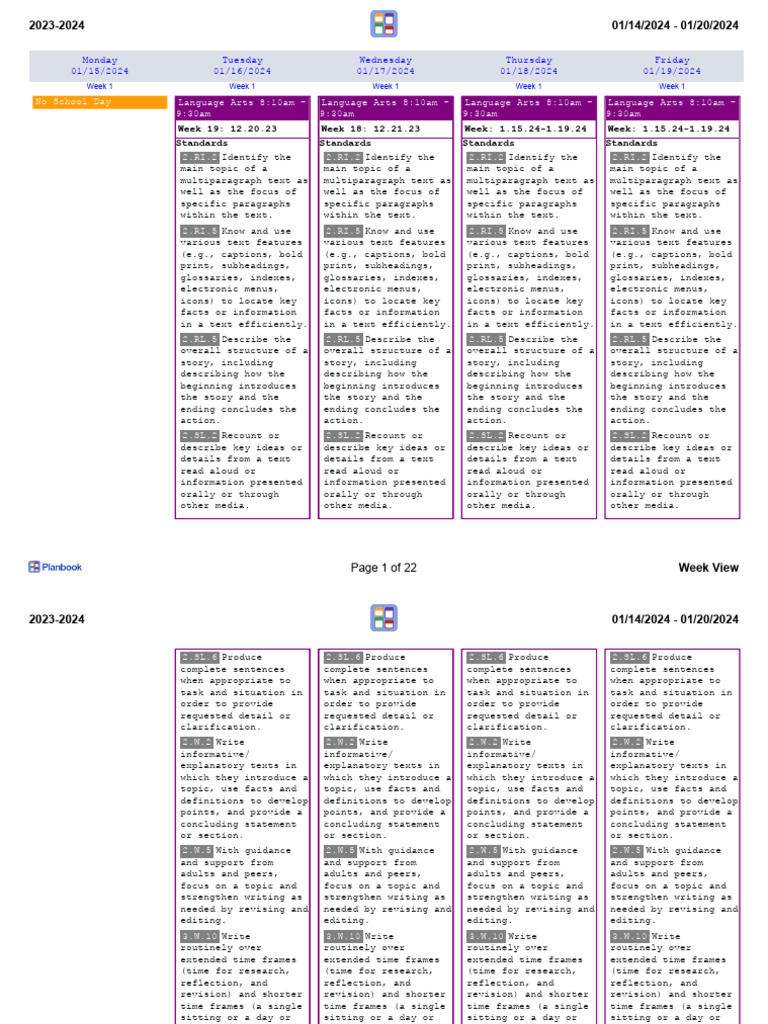 Language Arts Weekly Lesson Plan | PDF | Numbers | Equations