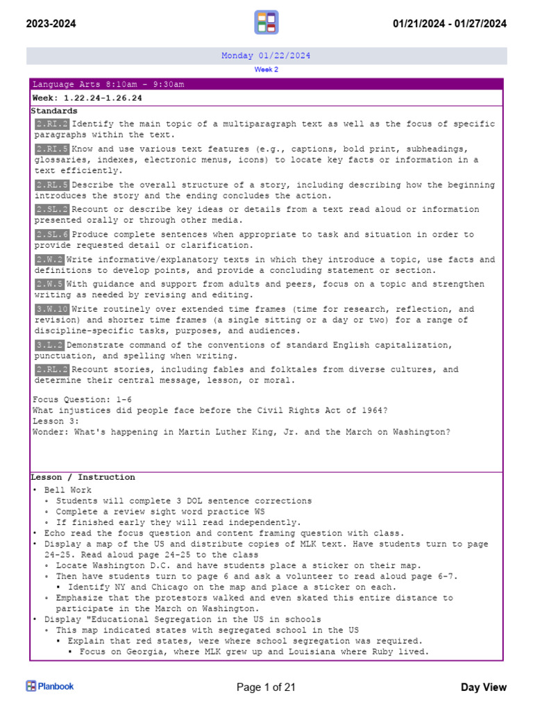 Week 2 Lesson Plans: ELA & Math | PDF | Reading Comprehension | Books