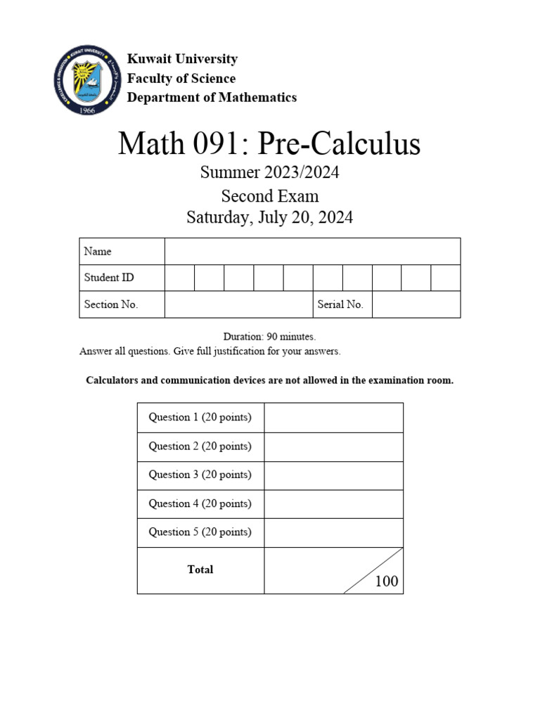 Kuwait University Math 091 Exam Guide | PDF | Function (Mathematics ...