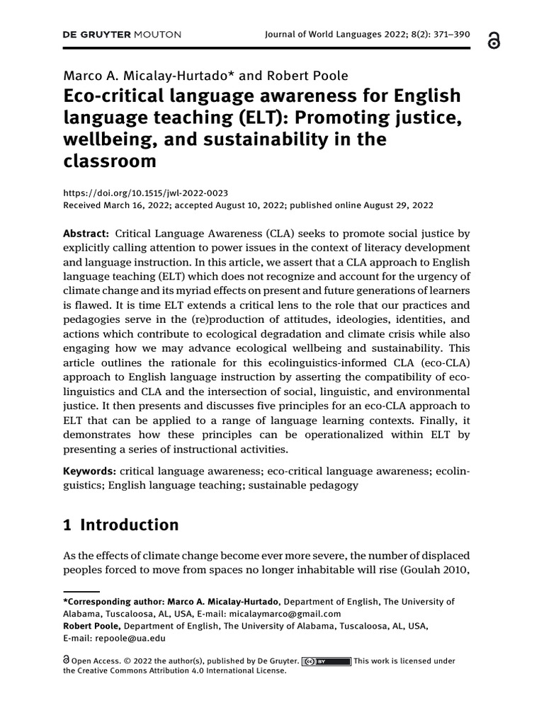 Eco-critical Language Awareness for English Language Teaching (ELT ...