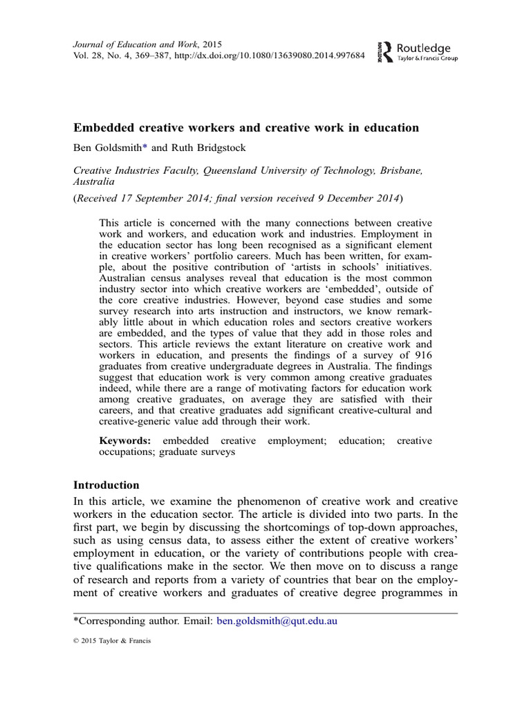 Embedded Creative Workers and Creative Work in Education Ben Goldsmith ...